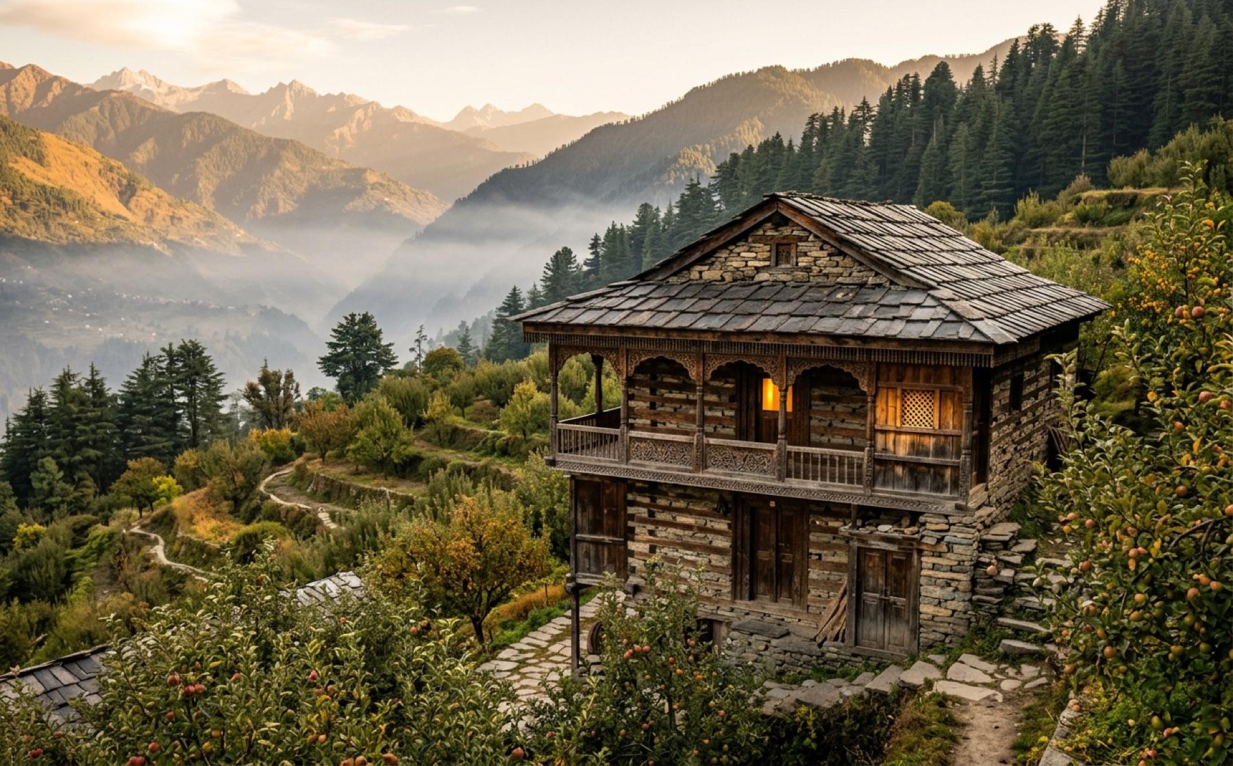 House of Hulda kathkuni heritage homestay glowing at golden hour above the Naggar valley, Manali