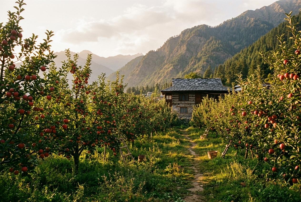 Golden evening sunlight filtering through apple orchard trees in Naggar, Himachal Pradesh