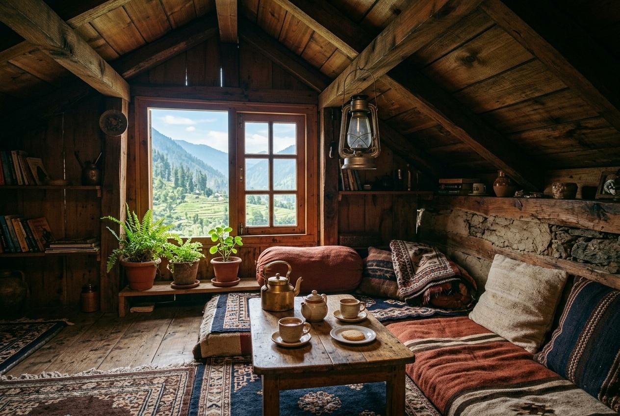 The cozy attic loft café under deodar wood beams at House of Hulda, Naggar