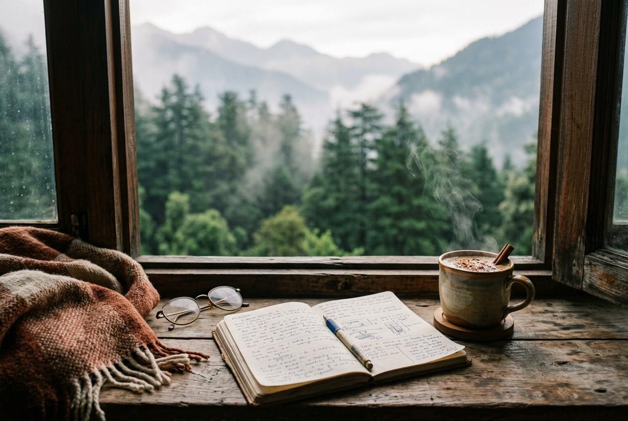 A quiet window corner with a journal overlooking the misty valley at House of Hulda