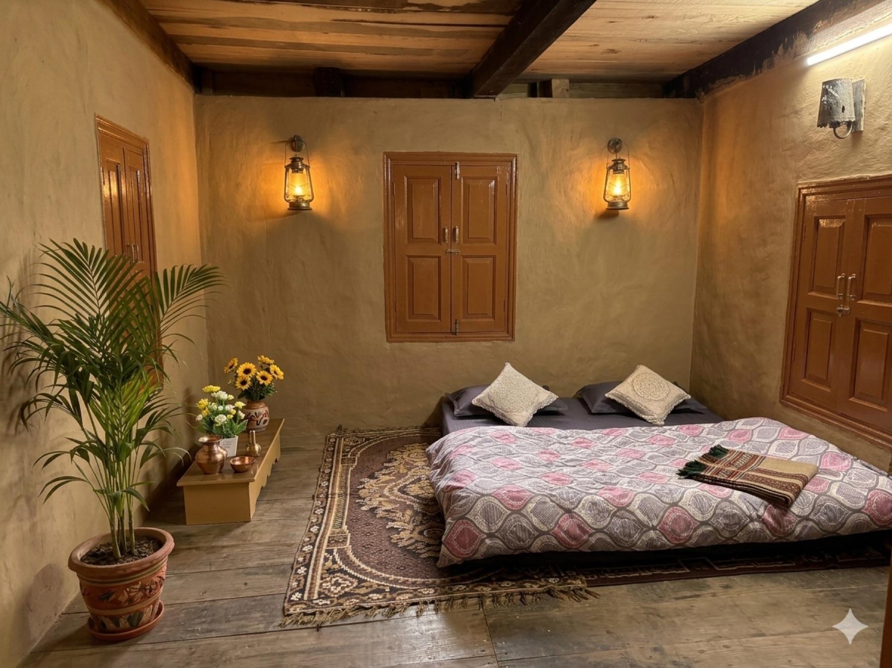 Warm lantern light, mud & deodar, a guitar in the corner
