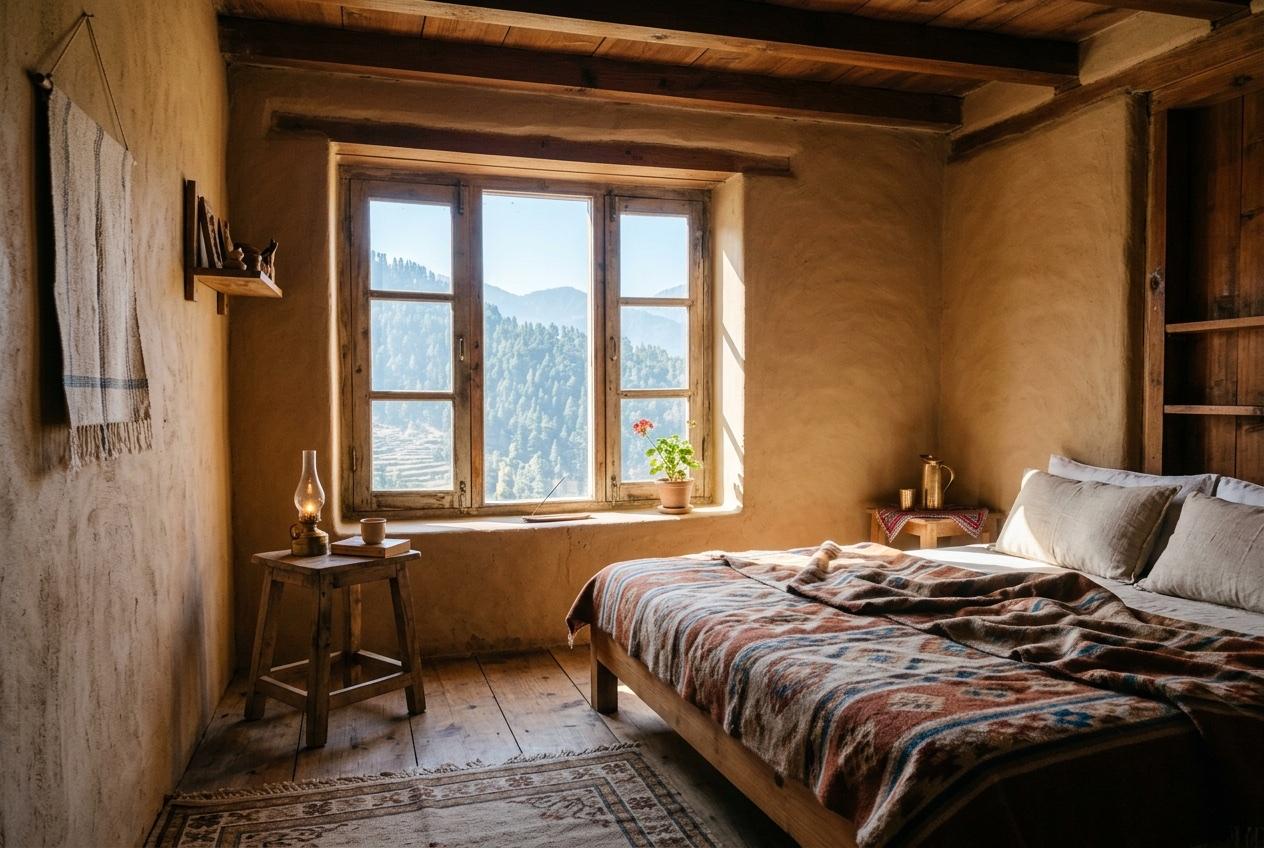 A quiet guest room at House of Hulda with hand-plastered walls and mountain light filtering in