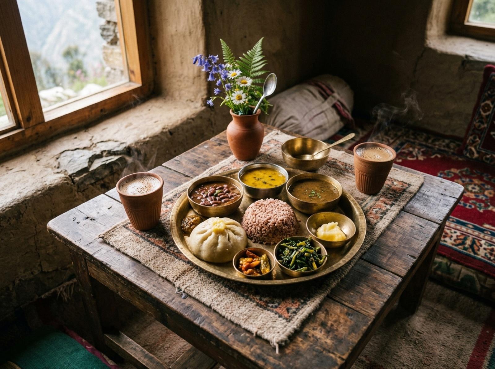A traditional Himachali Thali with Siddu, rajma, and local greens served on a wooden platter at House of Hulda
